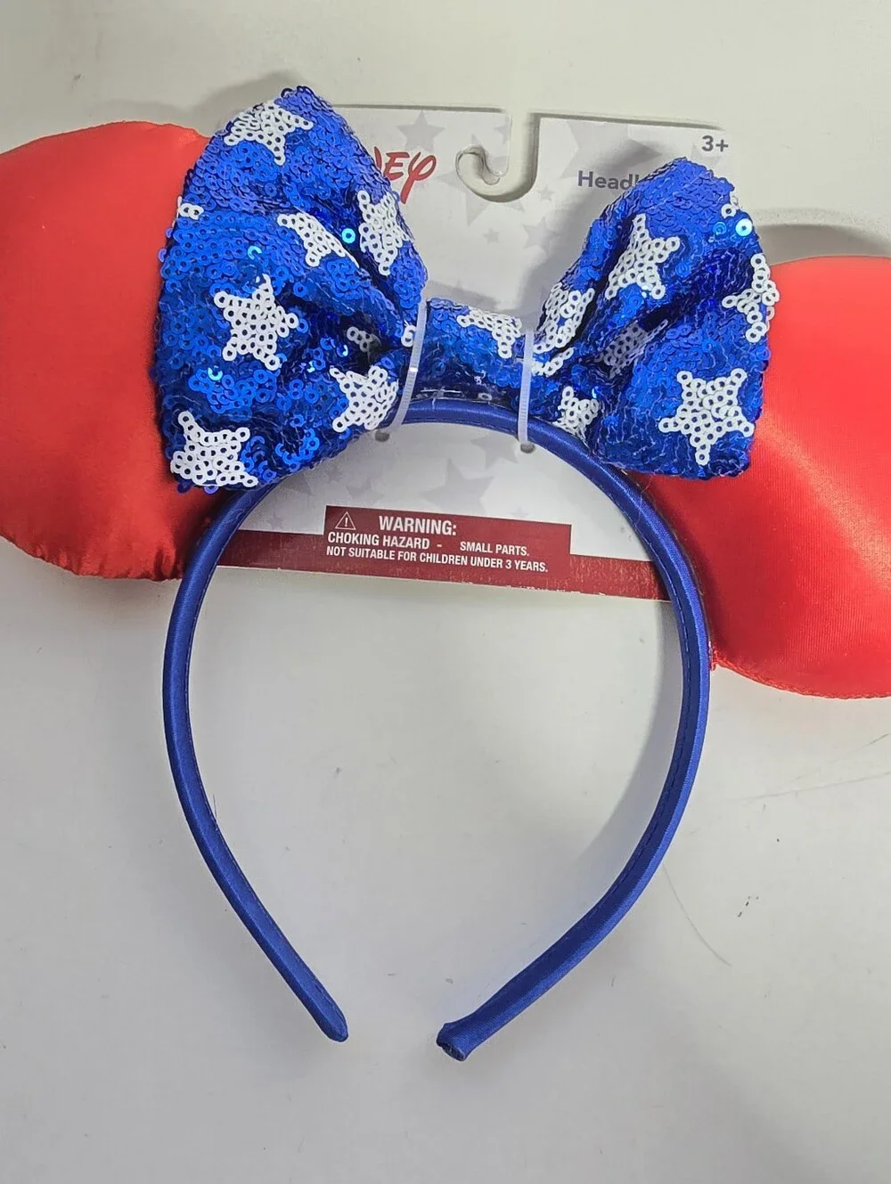 Disney Minnie Mouse Headband Red Ears Blue White Star Sequin Bow NEW